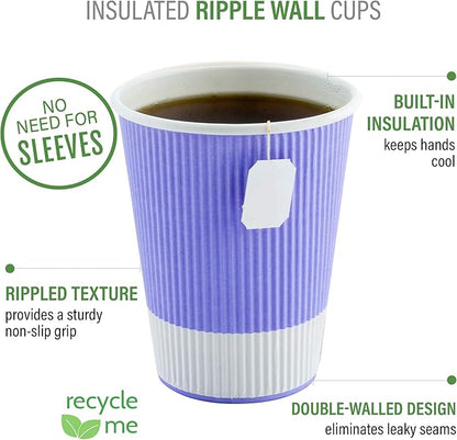 Restaurantware 4 Ounce Ripple Insulated Coffee Cups, 500 Double Wall Corrugated Light Purple Paper Tumblers, Leakproof, Non-Slip Design, Recyclable, Ribbed Surface, Matching Lids Sold Separately