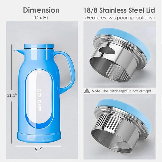 Delove 68 oz/2 Liter Glass Pitcher with Shatterproof Shell - Heat Resistant Glass Liner - Stainless Steel Lid - Carafe & Jug for Iced Tea,Hot/Cold Water,Homemade Juice Beverages (Blue)