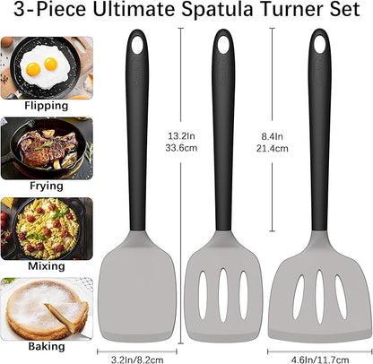 Coukre Silicone Spatula Set of 3, High Heat Resistant, BPA-Free, Kitchen Utensils, Fish Spatula, Solid & Slotted Turner for Non-Stick Pans, Flipping Eggs, Pancakes, Fish, Burgers (3, Gray)