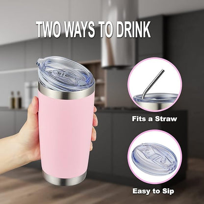 COMOOO 20oz Double Wall Vacuum Insulated Travel Mug, Stainless Steel Tumbler with Lid, Durable Powder Coated Insulated Coffee Cup for Cold & Hot Drinks (Pink, 6 Pack)