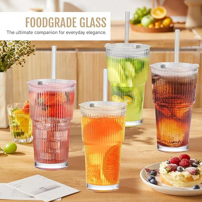 20oz Ribbed Glass Cups with Lids and Straws, Vintage Glass Tumbler with Straw, 2 Piece Iced Coffee Cups Set, Thicked Wall Drinking Glasses Ideal for Coffee