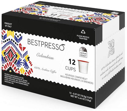Bestpresso Coffee, Colombian Medium Roast Single Serve K-Cup Pods, 96 Count (Compatible With 2.0 Keurig Brewers) 8 Packs Of 12 Cups