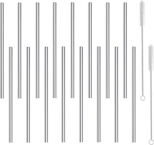 Stainless Steel Straws Short Small 5.9" Reusable Metal Bar Drinking Straw Set With Cleaner Brush for Cocktails Rock Gin Glass Coffee Mason Jar Tumblers Kids Fruit Juice Box, Silver 16PCS