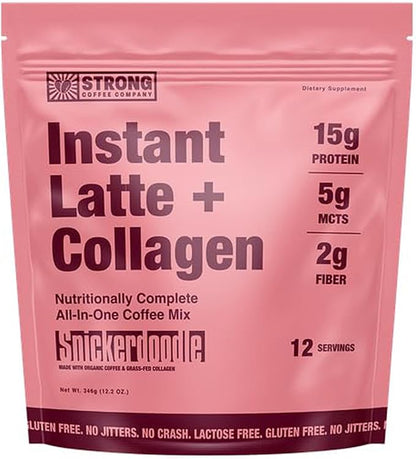 STRONG COFFEE COMPANY Instant Snickerdoodle Latte - 15g Protein, Instant Protein Coffee with Collagen, Adaptogens & Nootropics, No Crash, No Jitters, 12 Servings Bag
