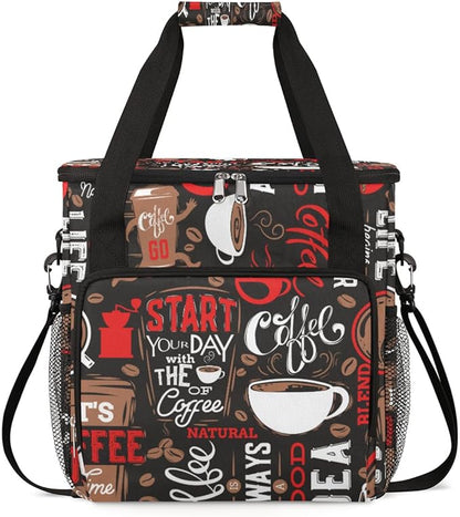Red Start Day With Coffee Coffees Maker Carrying Bag Coffee Machine Travel Storage Tote Bag Compatible with K-Mini or K-Mini Plus, Portable Single Serve Coffees Brewer Case with Pockets for K-Cup Pods