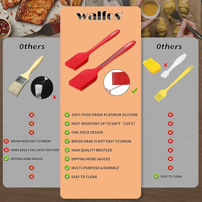 Walfos Silicone Basting Pastry Brush, Heat Resistant Pastry Brush Set, Strong Steel Core and One-Pieces Design, Perfect for BBQ Grill Baking Kitchen Cooking, BPA Free and Dishwasher safe, 2 Pcs (red)