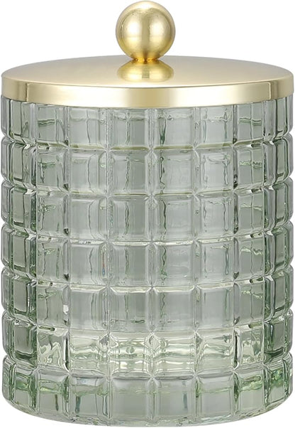Glass Jar with Metal Lid for Bathroom Organization, Clear Apothecary Jar for Cotton Balls, Q Tips, and Small Accessories, Stylish Bathroom Storage Container Sage Green, Gold