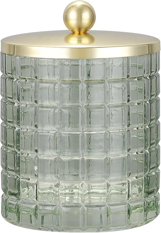 Glass Jar with Metal Lid for Bathroom Organization, Clear Apothecary Jar for Cotton Balls, Q Tips, and Small Accessories, Stylish Bathroom Storage Container Sage Green, Gold