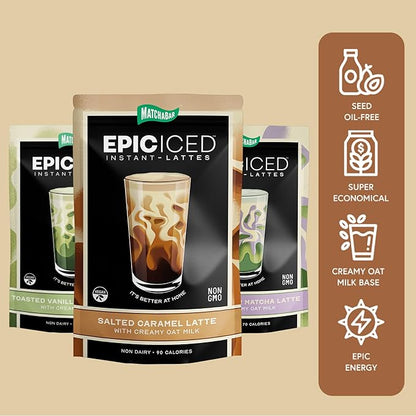 Matchabar Epic Iced Instant Latte Powder | Salted Caramel Espresso w/Oat Milk Base | Low Sugar, Non-Diary & Vegan Instant Iced Coffee Powder | Barista-Quality Creamy Latte Mix | 10 Servings