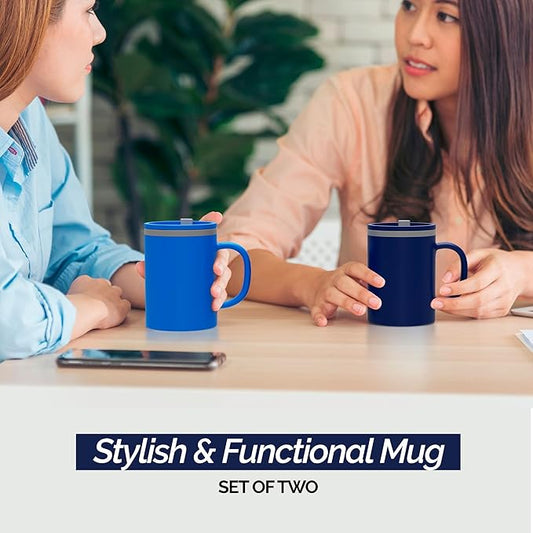 Copco Iconic 16oz Double Wall Insulated Desk Mug with Lid and Handle, Set of 2, BPA-Free Reusable Plastic, Spill-Proof, Microwave & Dishwasher Safe, Wide Mouth, Cup Holder Friendly (Navy/Blue)
