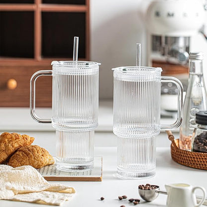 INSETLAN 26oz Ribbed Glass Tumbler with Handle & Lid – 4-Pack Large Iced Coffee Cups with Straws, Modern Glass Mug for Cold & Hot Beverages, Aesthetic Travel Cup for Smoothies, Tea, and Juice