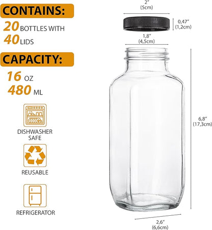 Juice Bottles with Lids, 16 Oz - Set of 20 - Clear Glass Jars with Caps - Reusable Empty Drink Containers for Juicing, Smoothies, Water, Milk, Kombucha Storage, Wellness Shots and More (20)