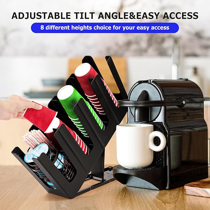 Coffee Cup and Lid Holder Organizer,Adjustable Dispenser with Coffee Pod and Straw Storage Basket, Disposable Cup Holder for Countertop