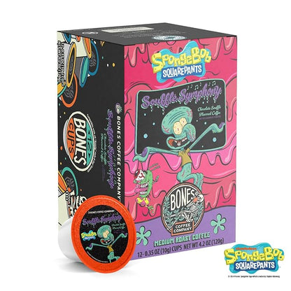 Bones Coffee Company Spongebob Soufflé Symphony, Chocolate Soufflé Flavored Coffee Pods, Low Acid Medium Roast Single-Serve Bones Cups, Compatible with 1.0 & 2.0 Capsule Brewers Coffee Maker, 12 Count