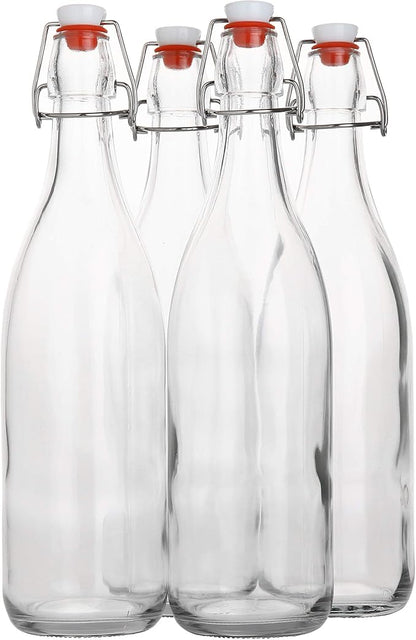 AYL Flip Top Glass Bottle [1 Liter / 33 fl. oz.] [Pack of 4] – Swing Brewing Bottle with Stopper for Beverages, Oil, Vinegar, Kombucha, Water, Soda, Kefir – Airtight Lid & Leak Proof Cap – Clear