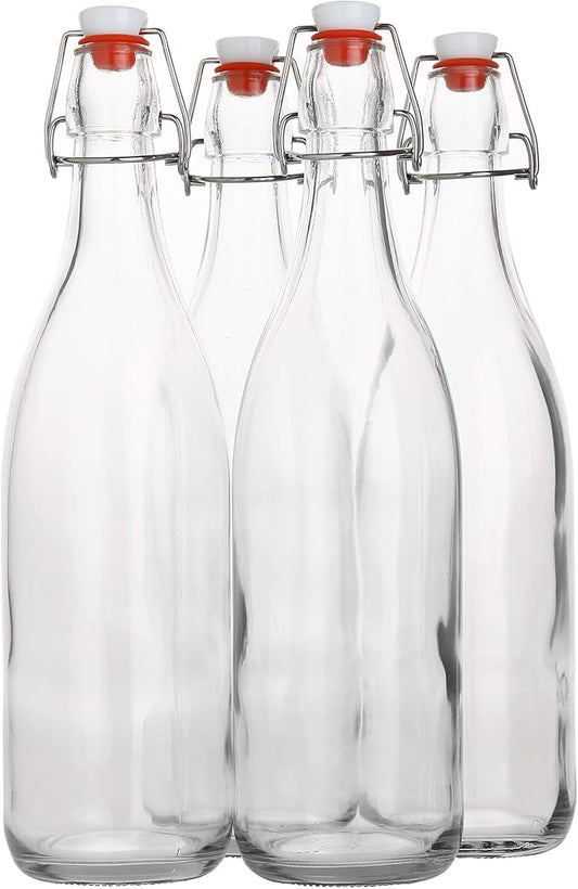 AYL Flip Top Glass Bottle [1 Liter / 33 fl. oz.] [Pack of 4] – Swing Brewing Bottle with Stopper for Beverages, Oil, Vinegar, Kombucha, Water, Soda, Kefir – Airtight Lid & Leak Proof Cap – Clear