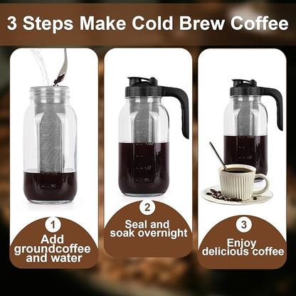 Cold Brew Coffee Maker Pitcher,32 Oz Glass Mason Jar Pitcher with V-shaped Pour Spout Handle Lid,Stainless Steel Filter for Iced Coffee,Iced tea,Breast Milk,Fruit Drinks,lemonade-Black