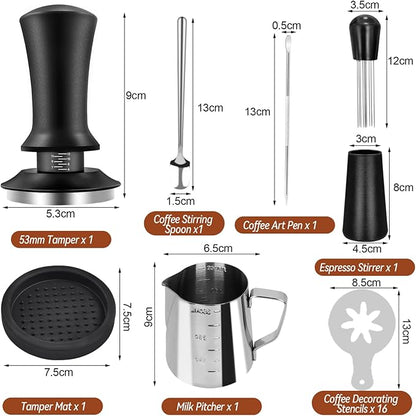53mm Espresso Hand Tamper, 22 PCS Coffee Tamper Set, Espresso Accessories with 53mm Espresso Tamper, WDT Tool, Frothing Pitcher, Latte Art Pen, Coffee Stirrer, Tamper Mat, 16 Coffee Stencils