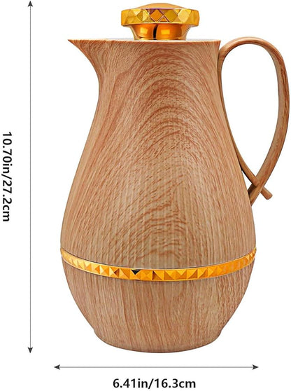 Insulated Thermal Coffee Carafe, 33 oz, Luxury Arabic-Style Insulated Carafe Flask, Coffee Tea Pot, with Spout and Glass Liner for Hot Cold Water, Housewarming Ornaments (Wood Color)