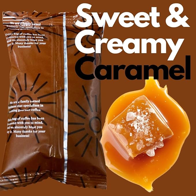 Sarasota Coffee Packs Bulk Ground Packets | Salted Caramel Flavored | Gourmet Gift Sampler | Low Acid Mold Free Individual Single Pot Pouches for 12 Cup Coffee Maker | 1.75 Oz Bags, 100 Count