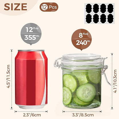 ComSaf 8oz Small Airtight Glass Jars Set of 12 with Lid Food Storage Jar Round, Mini Storage Container with Clear Preserving Seal Wire Clip Fastening for Kitchen Canning, Jam, Spice, Honey, Mason Jars