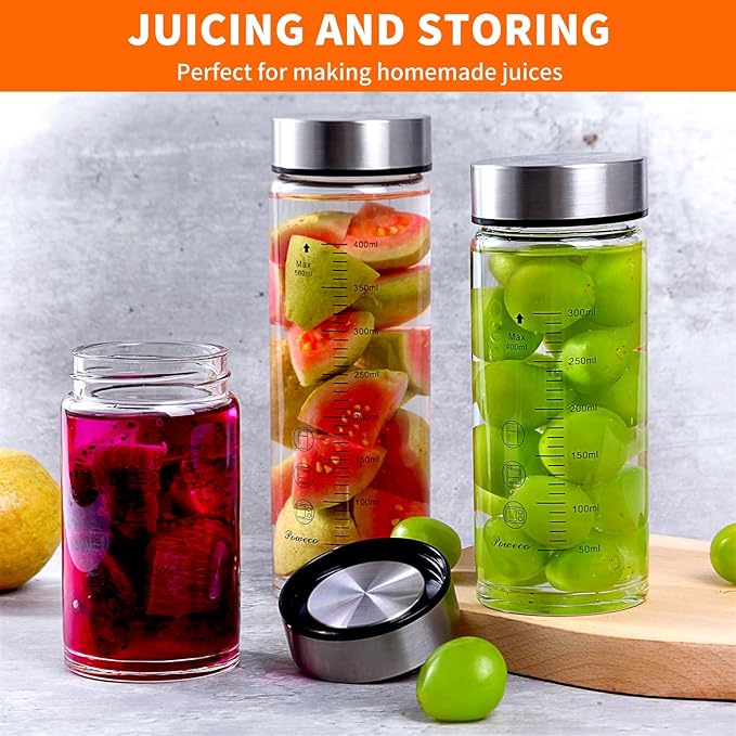 Glass Juice Bottles 4 Pack 10 oz - Wide Mouth Glass Water Bottles with Lids - for Juicing, Protein, Smoothie, Milk, Reusable, BPA Free, Stainless Steel Lids, Blender, Shaker Bottle (10oz/300ml)