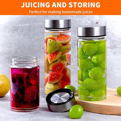 Glass Juice Bottles 6 Pack 12 oz - Wide Mouth Glass Water Bottles with Lids - for Juicing, Protein, Smoothie, Milk, Reusable, BPA Free, Stainless Steel Lids, Blender, Shaker Bottle (12oz/400ml)