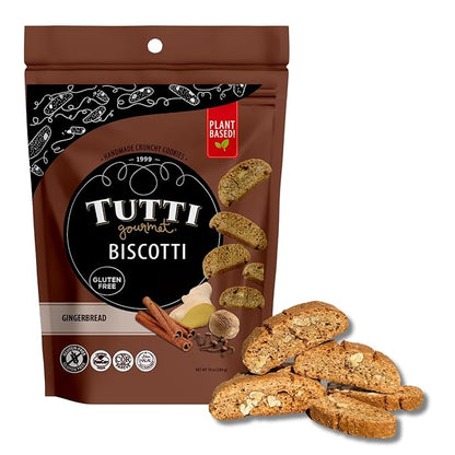 Tutti Gourmet Gluten Free Gingerbread Biscotti, 9.9 oz (283g) Resealable Cookie Bag - Vegan and Halal Snacks