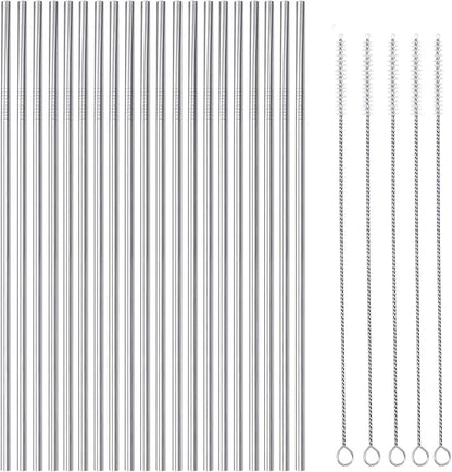 25 Piece Set Stainless Steel Straws Long 8.5 Inch Drinking Metal Straws Reusable Drinking Straws for 20 OZ (20 Straight| 5 Brushes)