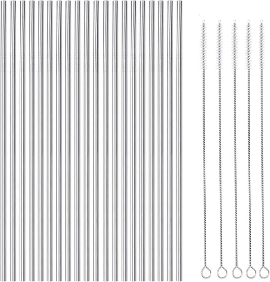 25 Piece Set Stainless Steel Straws Long 8.5 Inch Drinking Metal Straws Reusable Drinking Straws for 20 OZ (20 Straight| 5 Brushes)