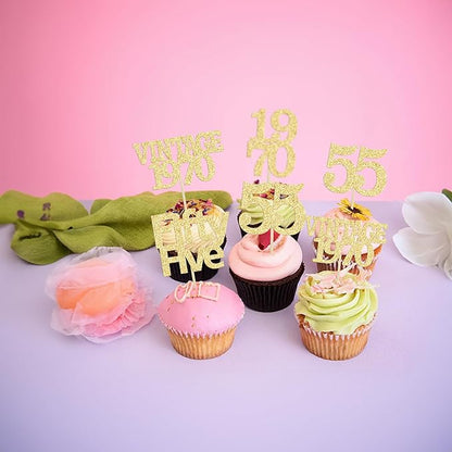 Gyufise 24Pcs 55th Birthday Cupcake Toppers Glitter Cheers to 55 Fabulous Fifty Five Vintage 1970 Cupcake Picks 55th Birthday Wedding Anniversary Party Cake Decorations Supplies Gold