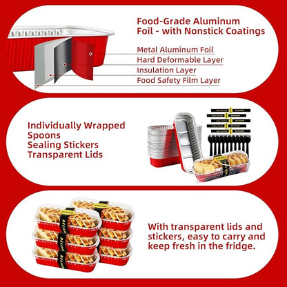 Mini Loaf Pans with Lids and Spoons Sealing Sticker,60 Pcs 6.8oz Cake Pans for Baking Disposable Aluminum Foil Red cake pan (60 PCS RED)