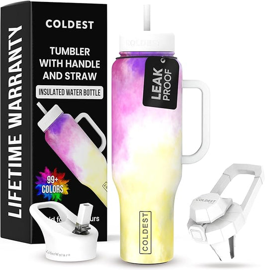 Coldest 40 oz Tumbler with Handle and Straw, 100% Leak Proof Insulated Tumbler with Lid and Straw (3 Lids), Stainless Steel Tumblers for Women & Men, Cup Holder Friendly, 46 oz (Clouds of Tie Dye)