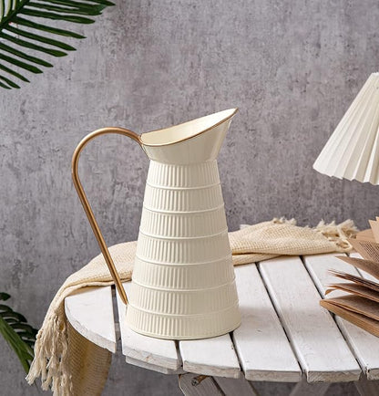 Elegant Cream/White Metal Pitcher Vase, Farmhouse Galvanized Flower Vase, Rustic Decorative Milk Jug for Home Decor, 10.8''H