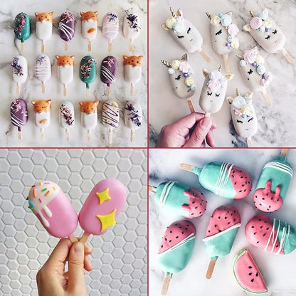 Sakolla Popsicle Silicone Mold, 4 Cavities Ice Pop Molds, Ice Cream Mold Oval Cake Molds with 50 Wooden Sticks