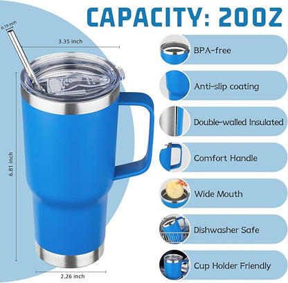 20 oz Tumbler with Handle Stainless Steel Insulated Coffee Mug Tumbler with Lid and Straw Double Wall Vacuum Insulated Coffee Mug Leak Proof Travel Mug Tumbler for Hot and Cold Drink (Sea Blue,4pack)