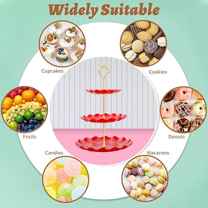 3 Tier Cupcake Stand Holder, Plastic Cup Cake Stand Tower with Tiered Serving Tray for Cupcakes, Donuts, Fruits and More, Red