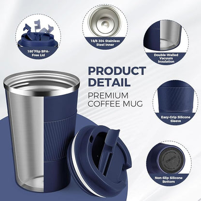Volhoply 13 oz Stainless Steel Insulated Travel Coffee Mug with Fip Lid Bulk 2 Pack,Reusable Double Wall Vacuum Metal Coffee Cup,Portable Leak Proof Thermal Tumbler for Hot & Cold Drinks(Navy,2)