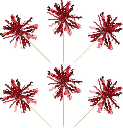 30 PCS Foil Firework Cupcake Toppers Sparkle Tinsel Cupcake Picks Happy Birthday Cake Toppers Drink Stirrers Cocktail Food Fruit Toothpicks for Baby Shower Birthday Party Decorations Supplies Red