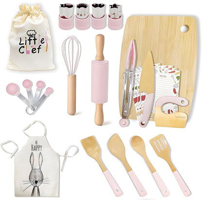 Wooden Cooking & Baking Set for Real Cooking, 32PCS Mini Knife Set Safe Montessori Kitchen Tools, Kitchen Knifes/Cutting Board/Apron with Storage Bag, Baking Utensils Christmas Gift for Little Chef