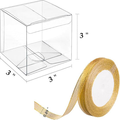 JOERSH 3x3x3 Inches Clear Favor Boxes for with Gold Gift Ribbons 30 PCS Transparent Plastic 3 Inch Mini Cube Gift Packaging Box for Party favors, Treats and Minigifts