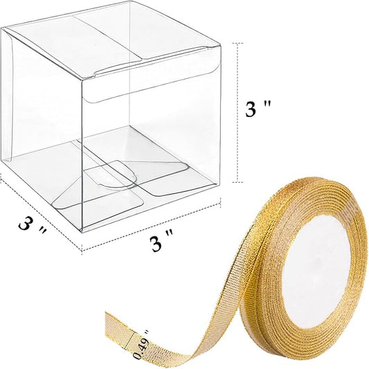JOERSH 3x3x3 Inches Clear Favor Boxes for with Gold Gift Ribbons 30 PCS Transparent Plastic 3 Inch Mini Cube Gift Packaging Box for Party favors, Treats and Minigifts