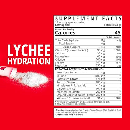 Boba Tea Hydration | Electrolyte Powder Drink Mix | Lychee | 1000mg Electrolytes, Vitamin C | 16 Stick Packets