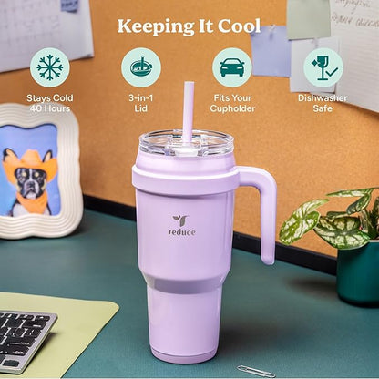 REDUCE 40 oz Stainless Steel Tumbler with Handle - Dual-Wall Vacuum Insulated Travel Mug, Sweat-Proof Lid & Reusable Straw - Keeps Drinks Cold for 24 Hrs, Fits Cupholders, Dishwasher Safe - Papaya