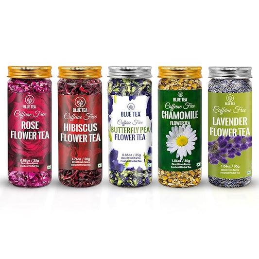 BLUE TEA - Flower Tea Combo - 5.64 Oz (Pack of 5) | Butterfly Pea, Rose, Hibiscus, Chamomile, Lavender | VARIETY PACK | Caffeine Free - Non-Bitter - Herbal Tea - Flower Based | Pet Jar Pack