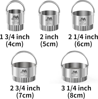 Fluted cookie cutter Set 1.75inch 2inch 2.25inch 2.75inch 3.25inch, Stainless Steel Round Biscuit Cutters with Handle, Wave Cookies Cutter with Fluted Edge, Baking Dough Tools, 5pcs GIFT