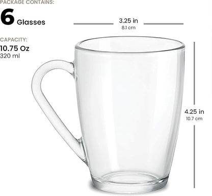 Bormioli Rocco Glass Coffee Mug Set, (6 Pack) 10¾ Ounce with Convenient Handle, Tea Glasses for Hot/Cold Beverages, Thermal Shock Resistant, Tempered Glass, for Cappuccino, Latte, Espresso, clear.