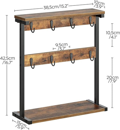 Coffee Mug Holder for Counter, 2 Tier Mug Tree Rack, with 8 Hook and 2 Open Shelves, Vintage Mug Holder Stand for Home Kitchen, Rustic Brown MH43BR