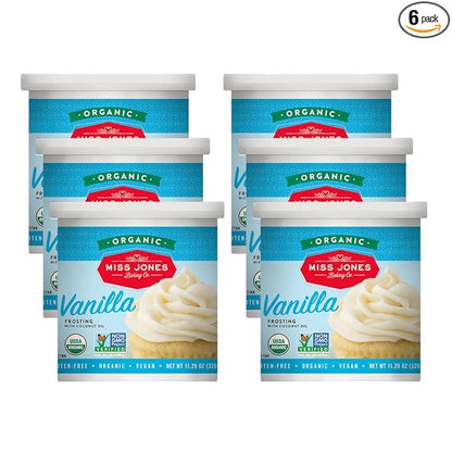 Miss Jones Baking Organic Buttercream Frosting, Perfect for Icing and Decorating, Vegan-Friendly: Vanilla (Pack of 6)