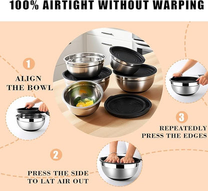 Lazycorner Mixing Bowls with Airtight Lids Set 5 Pcs Stainless Steel Bowls Set Baking Set Non-Slip Silicone Bottoms Great for Serving & Baking